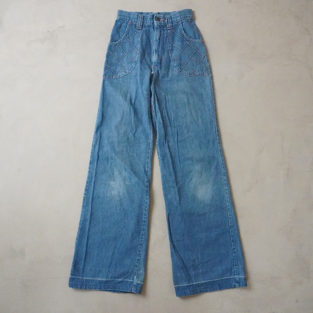 Vintage 70s High Waisted Wide Leg Jeans 25x30 Blue Quilted Pocket Denim Pants